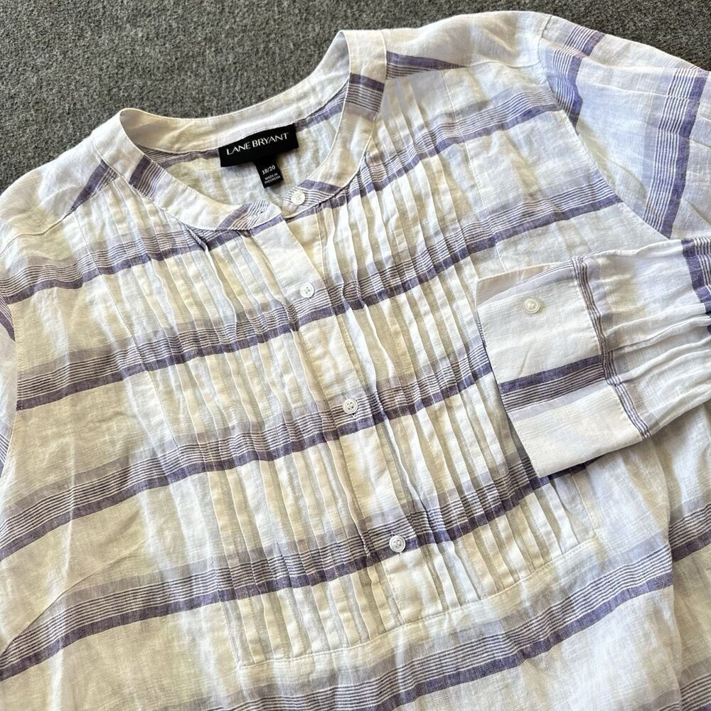 Lane Bryant linen blend long sleeve pin tuck tunic top 18/20 White Purple Stripe